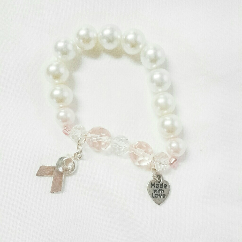 Handmade White Pearl Breast Cancer Bracelet